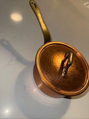 Vintage Copper-Finish Hammered Saucepan with Lid - brass Handle
